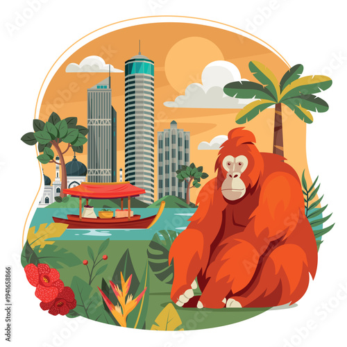 Malaysia Travel Illustration with Orangutan and Kuala Lumpur Skyline