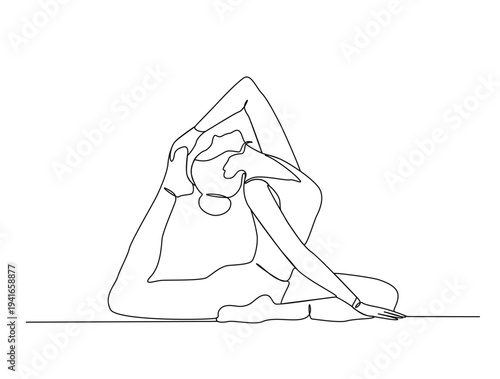 Continuous one line drawing of beautiful female yoga pose character. Editable line vector.