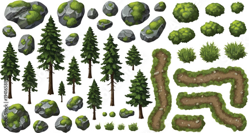 Set of 50 Isometric Forest Nature Elements Vector isolated PNG with Transparent Background