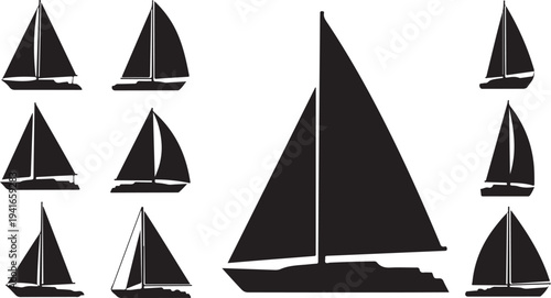 Set of sailboats in various positions and sizes illustration