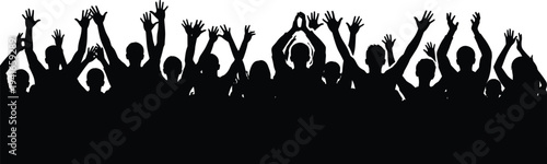 Crowd silhouette, raised hands, celebration unity, cheering people, protest gathering, audience excitement, collective action, group energy, festival scene, social movement