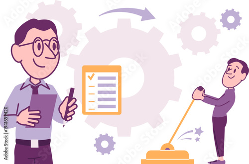 Business Project Launch with Checklist and Gear Mechanism Flat Vector Illustration