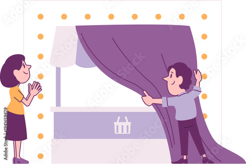 Grand Opening of Retail Store with Curtain Reveal Flat Vector Illustration