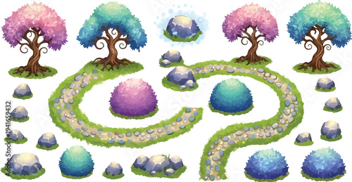 Fantasy Game Environment Vector Asset Pack with Colorful Trees and Rocks isolated PNG with Transparent Background
