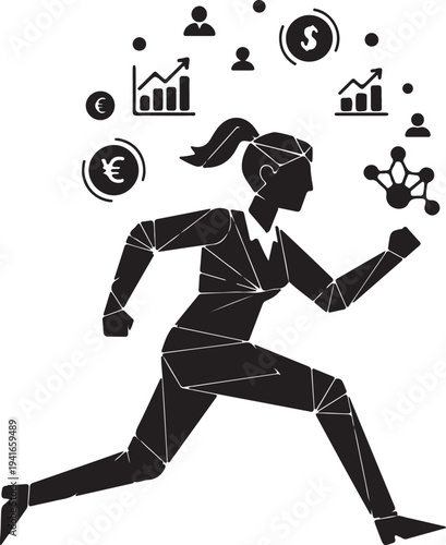 Dynamic silhouette of an entrepreneur woman running, surrounded by financial, social, and growth icons, representing ambition and business drive.