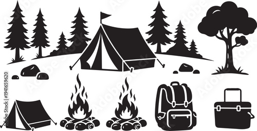 Camping in the woods with tent and campfire equipment