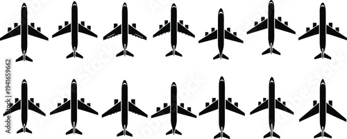 Airplane Top View Icon Set for Aviation Travel, Airline Transportation, Airport Navigation, Flight Routes, and Air Transport Vector Silhouette Collection