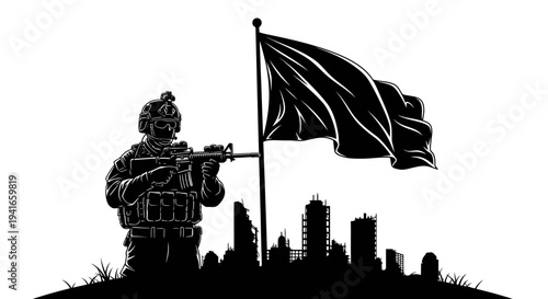 Soldier with Rifle and Flag Silhouette Over City Skyline at Dawn