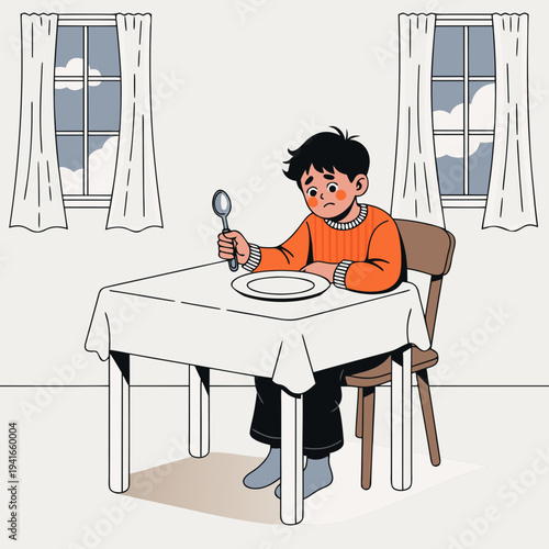 A Sad Young Boy Sitting Alone at a Dining Table with an Empty Plate and Spoon
