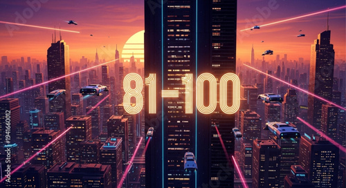Futuristic City Skyline with Digital Numbers and Neon Lights.