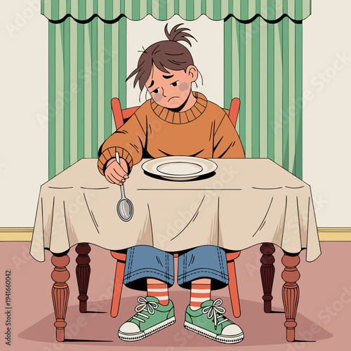 Sad child with an empty plate and spoon at a dinner table