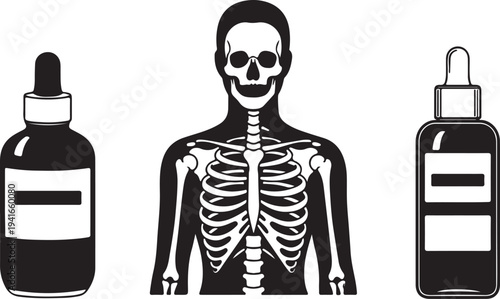 Black and white vector illustration of a human skeleton torso with two dropper bottles, ideal for medical, health, or science-related commercial projects. isolated PNG with Transparent Background