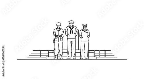 Three Military Service Members Standing at Attention in Uniforms, Line Drawing