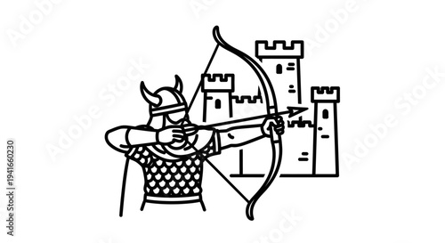 Viking Archer Aiming Bow at Castle