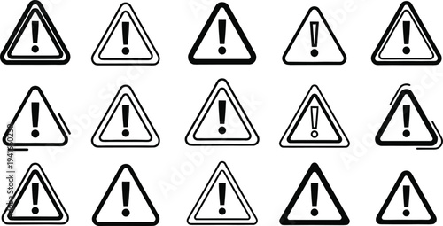 Warning Triangle Exclamation Icon Set for Alert Signs, Danger Notifications, Caution Symbols, Safety Warnings, and Risk Indicators in Modern Interface Design