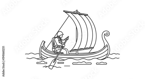 Viking Ship Sailing on Water with a Person Rowing, Outline Illustration