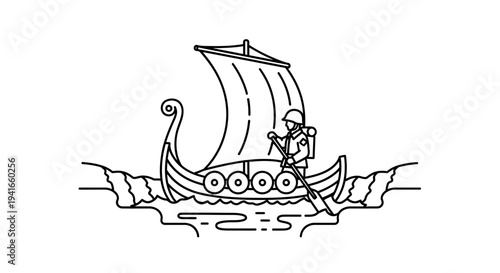 Viking Ship with Warrior Rowing on Water, Outline Illustration