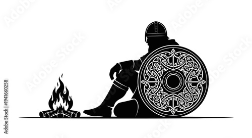Viking warrior resting by campfire with shield, silhouette illustration