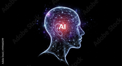 Digital Human Head Illustration with AI Concept.