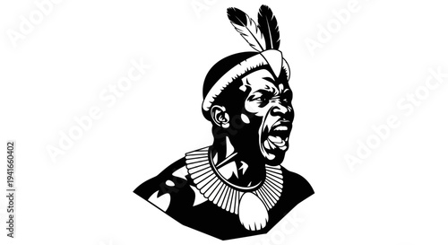 Warrior Portrait, Tribal Man Shouting, African Warrior, Feathers, War Paint, Fierce Expression