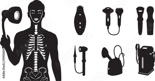 Set of 9 black and white vector icons depicting human anatomy and various medical or beauty devices for health and wellness applications isolated PNG with Transparent Background