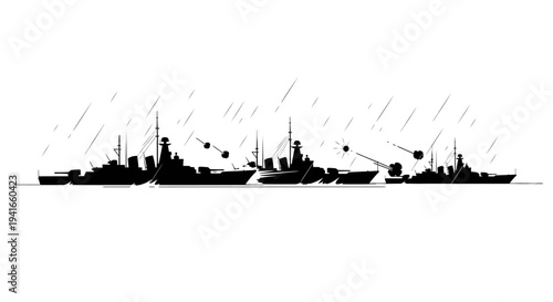 Warships firing missiles during a naval battle, military fleet in action, vector illustration