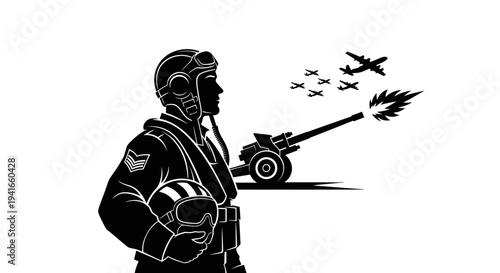 WWII Pilot and Artillery Gun Firing with Airplanes in Sky