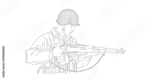 WWII Soldier with M1 Carbine Rifle, Military Uniform, Helmet, Vintage Combat Gear, Line Art