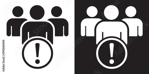 People icons featuring an exclamation mark symbol. Represents team alerts, important notifications, crisis management, and urgent communication. Clean black and white graphics.