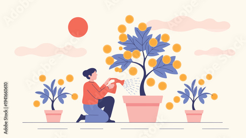 gardening hobby concept with man planting and caring for potted tree home gardening nature growth eco lifestyle flat vector illustration
