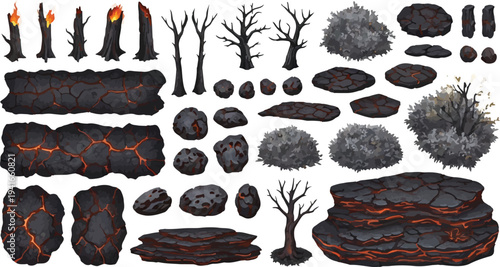 Set of Volcanic Terrain Elements Vector Illustration isolated PNG with Transparent Background
