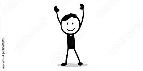 Simple stick figure character with raised arms and happy expression.