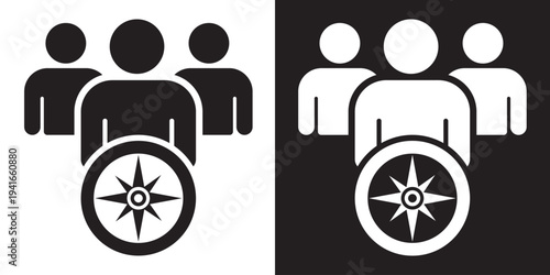 Group of three people icons with a compass symbol. Represents leadership, team guidance, strategic direction, and navigation in business. Minimalist black and white vector set.