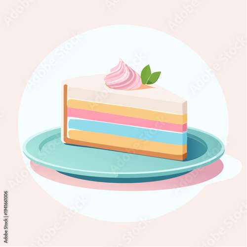 Charming illustration of a pastel-colored cake slice adorned with elegant frosting and a green accent, perfect for sweet cravings