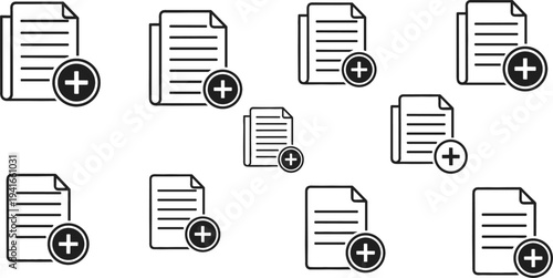 Add New Document Icon Set with File Upload and Create File Symbols for Data Management, Office Applications, Cloud Storage, and User Interface Design