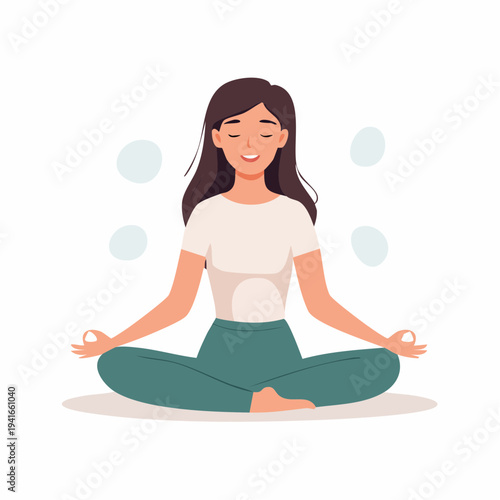 Young woman meditating peacefully in a serene lotus pose, surrounded by gentle, calming bubbles