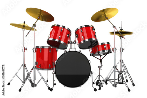 Photos Vibrant red professional drum kit with shiny gold cymbals and chrome hardware, m