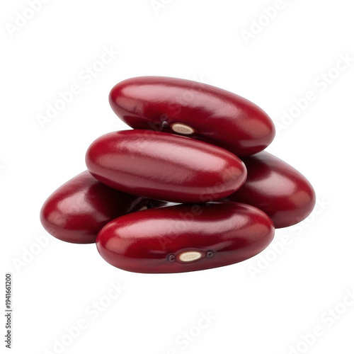 A close-up view of several shiny, dark red kidney beans scattered on a white background
