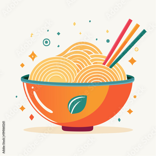 Delicious Bowl of Noodles with Chopsticks, Asian Cuisine Food Illustration