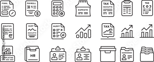 Financial audit and accounting tax document icons featuring statistical charts and payroll data