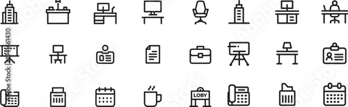 Office workplace and furniture thin line icons including desks chairs buildings and equipment