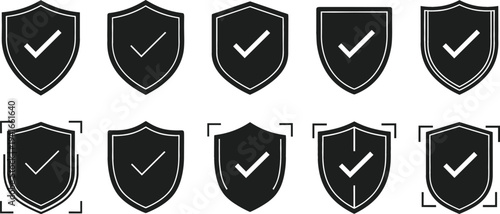 Security Shield Check Icon Set for Protection Verification, Cyber Safety, Data Security Approval, Trust Badge Symbols, and Digital Protection Interface Design