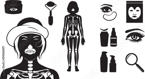 Set of 12 black and white vector icons depicting human anatomy, skincare products, and beauty treatments for health and wellness designs isolated PNG with Transparent Background