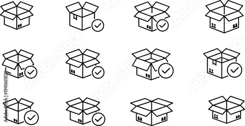 Open Package Delivery Confirmation Icon Set with Cardboard Shipping Box and Check Mark Symbols for Logistics, Courier Service, Tracking, and E-commerce Applications