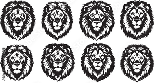 Eight Black and White Lion Heads in Two Rows