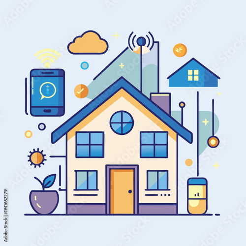 Cartoon illustration of a smart home concept with technology integration shown