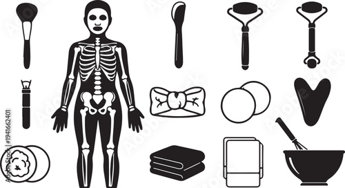 Set of 15 black and white vector icons for beauty, spa, and wellness, featuring a human skeleton, cosmetic tools, and self-care items for health and relaxation. isolated PNG with Transparent