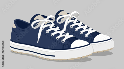 Navy blue low-top sneakers with white laces and soles on a gray background.