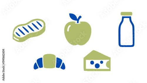 Minimal breakfast icons including apple, milk bottle, peanut, croissant, and cheese.