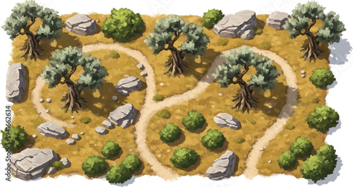 Top-Down View of Cartoon Dirt Paths with Trees and Rocks Vector isolated PNG with Transparent Background
